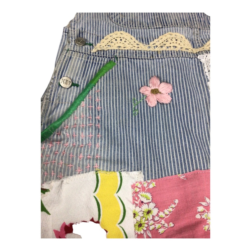 Upcycled Vintage Key Bib Railroad Striped Overalls Embroidered Crochet Parchwork - Picture 10 of 14